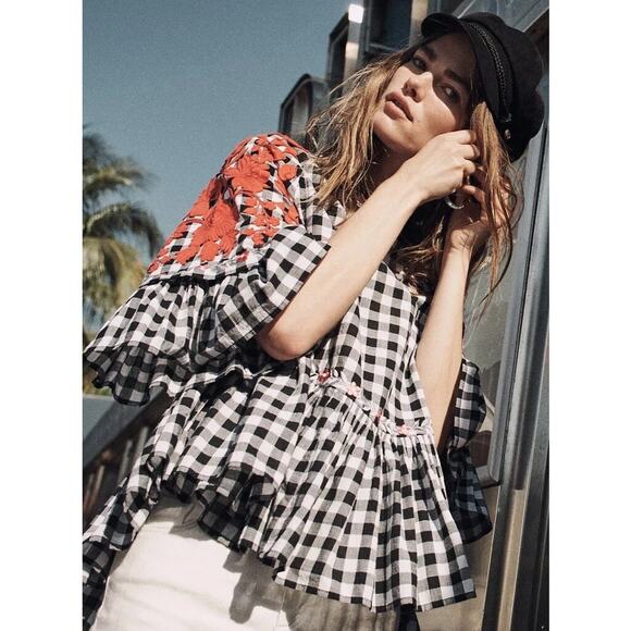 Anthropologie Pankaj & Nidhi Peplum Top Gingham Embroidered Black & White Small - Picture 1 of 9